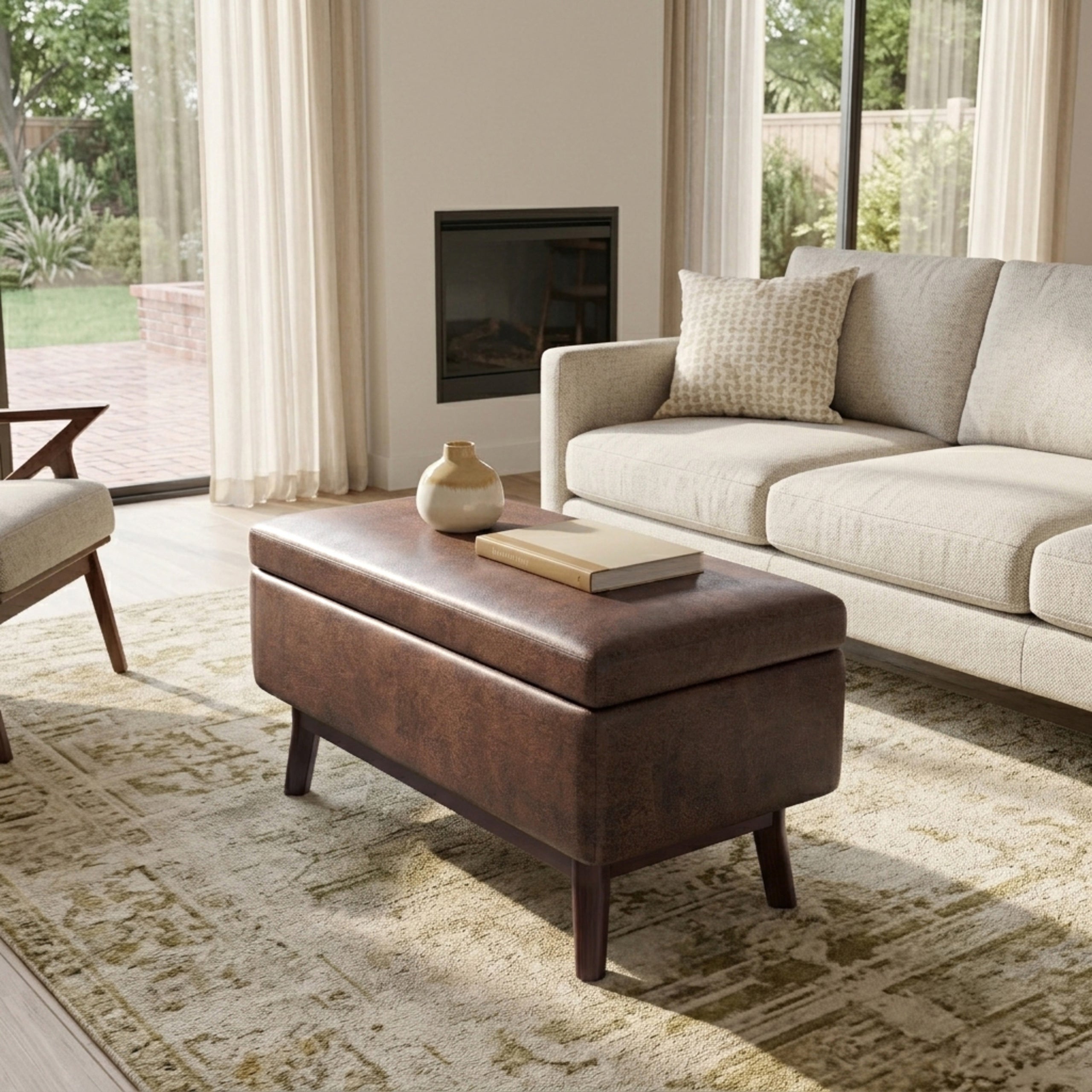 Distressed Chestnut Brown Distressed Vegan Leather | Owen Small Rectangular Storage Ottoman in Distressed Vegan Leather