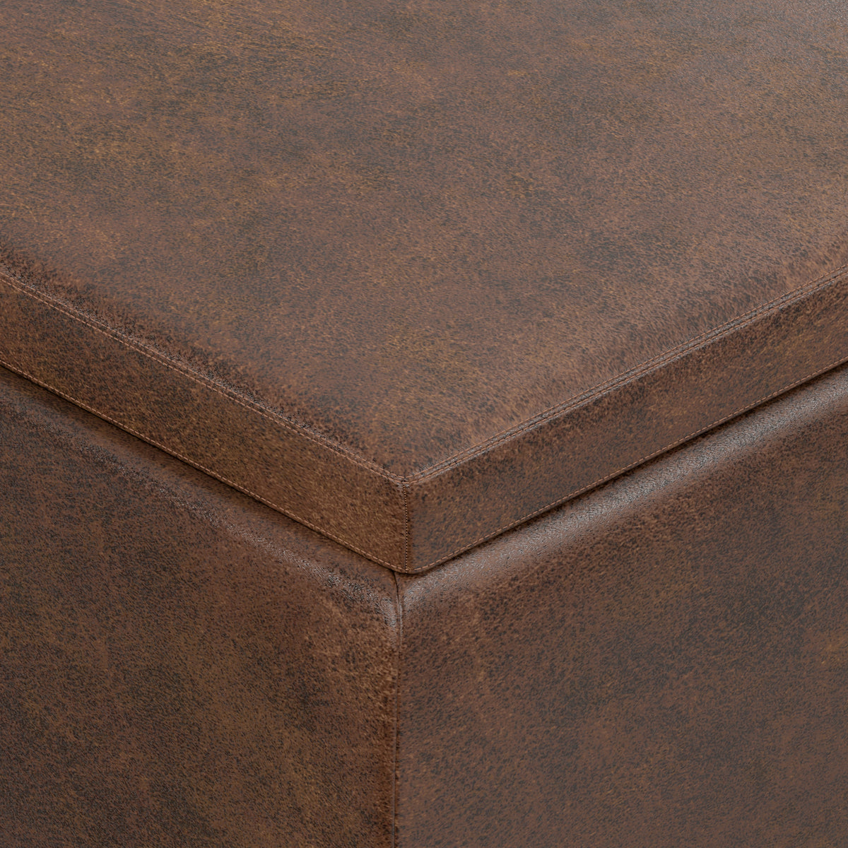 Distressed Chestnut Brown Distressed Vegan Leather | Owen Tray Top Small Coffee Table Storage Ottoman