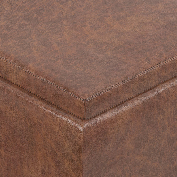 Distressed Saddle Brown Distressed Vegan Leather | Owen Tray Top Small Coffee Table Storage Ottoman