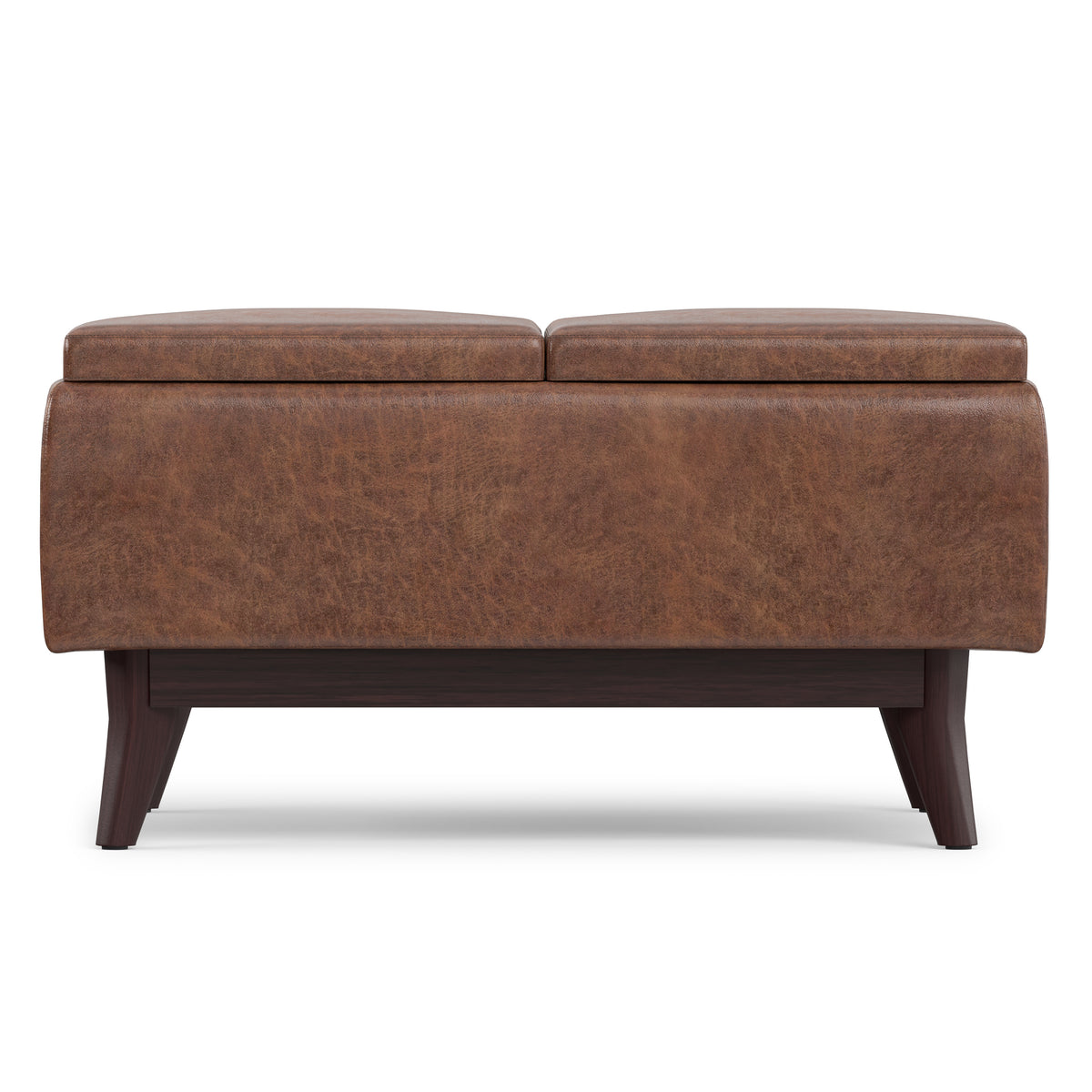 Distressed Saddle Brown Distressed Vegan Leather | Owen Tray Top Small Coffee Table Storage Ottoman