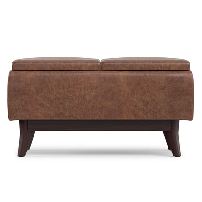 Distressed Saddle Brown Distressed Vegan Leather | Owen Tray Top Small Coffee Table Storage Ottoman