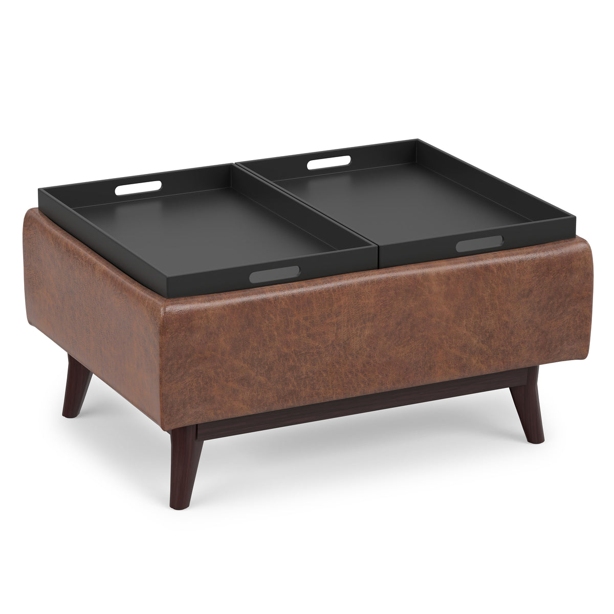 Distressed Saddle Brown Distressed Vegan Leather | Owen Tray Top Small Coffee Table Storage Ottoman