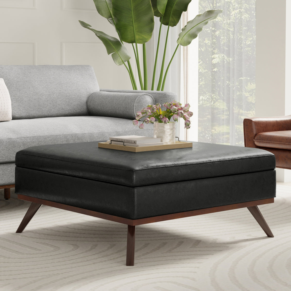 Distressed Black Distressed Vegan Leather | Owen XL Square Coffee Table Storage Ottoman in Distressed Vegan Leather