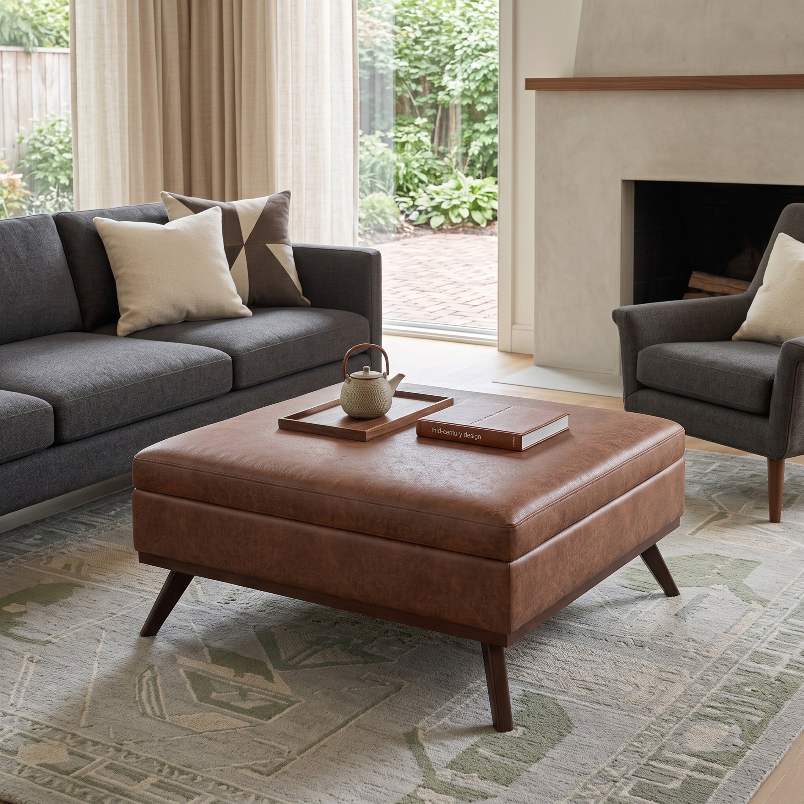 Distressed Saddle Brown Distressed Vegan Leather | Owen XL Square Coffee Table Storage Ottoman in Distressed Vegan Leather