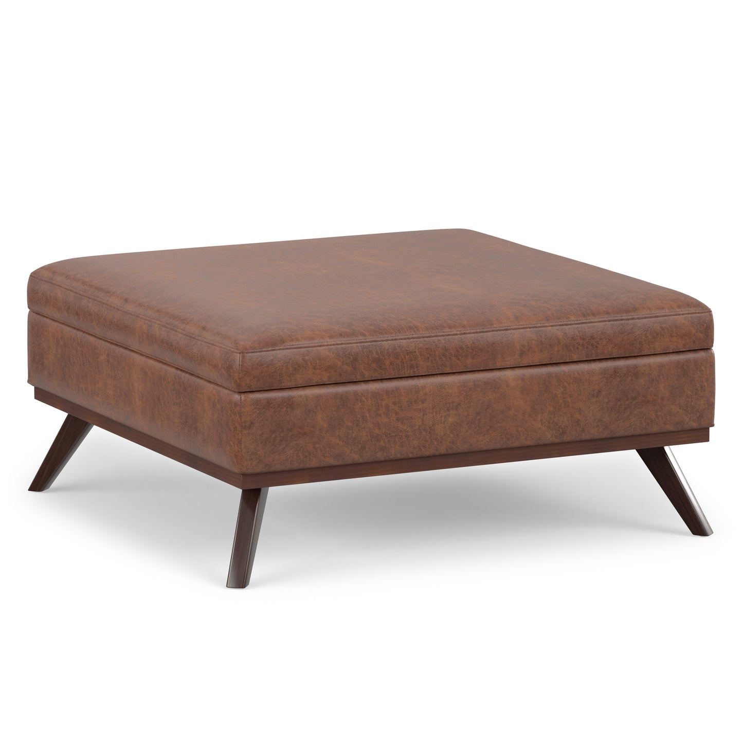 Distressed Saddle Brown Distressed Vegan Leather | Owen XL Square Coffee Table Storage Ottoman in Distressed Vegan Leather
