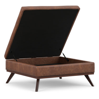 Distressed Saddle Brown Distressed Vegan Leather | Owen XL Square Coffee Table Storage Ottoman in Distressed Vegan Leather