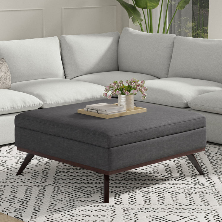 Slate Grey Linen Style Fabric | Owen XL Square Coffee Table Storage Ottoman in Linen Style Fabric