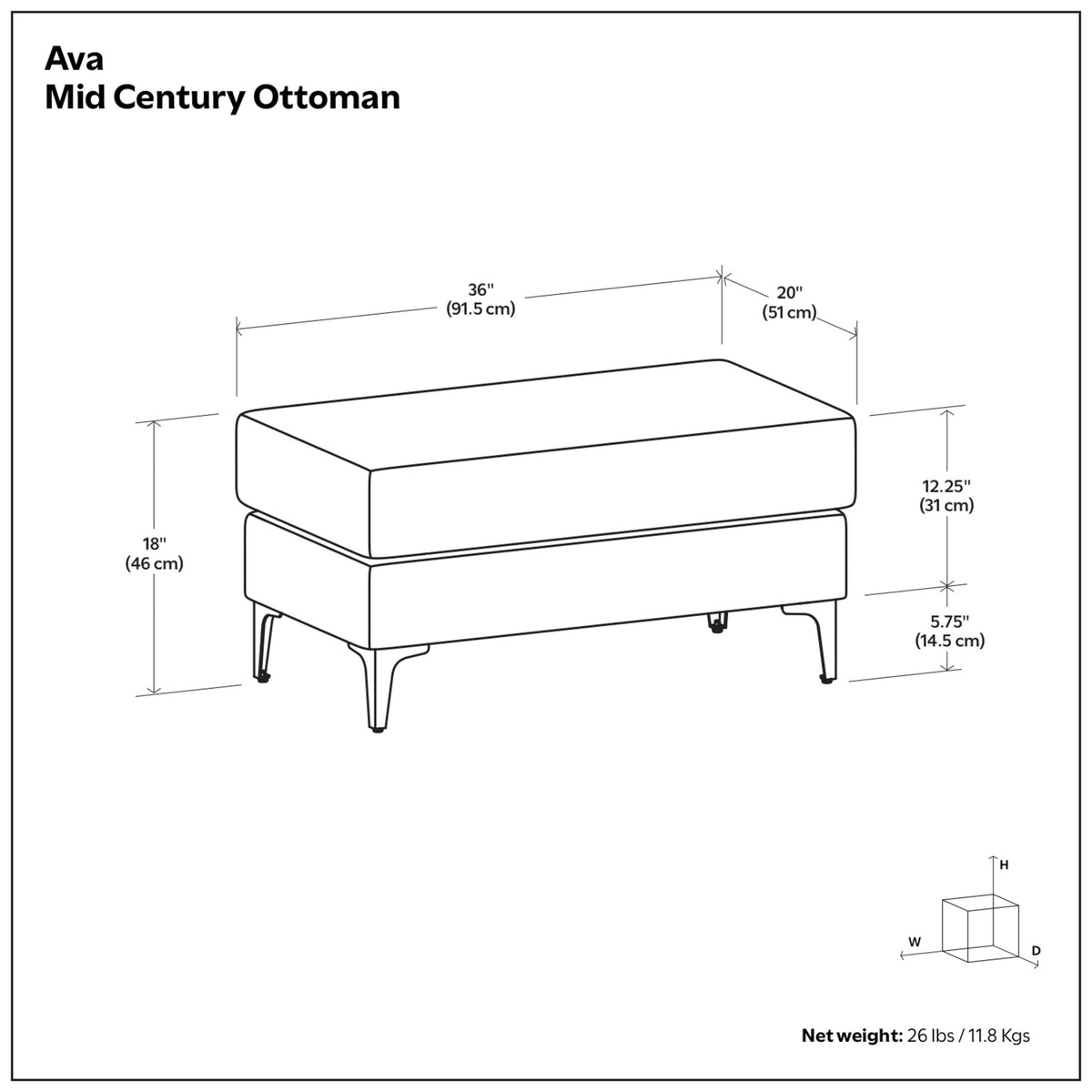 Pebble Grey | Ava Mid Century Ottoman