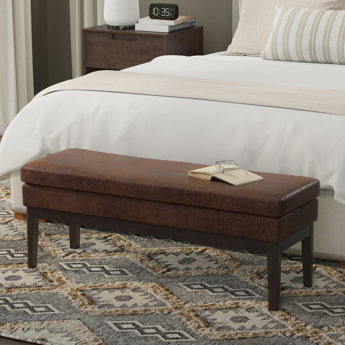 Distressed Chestnut Brown Distressed Vegan Leather | Carlson Ottoman Bench in Distressed Vegan Leather