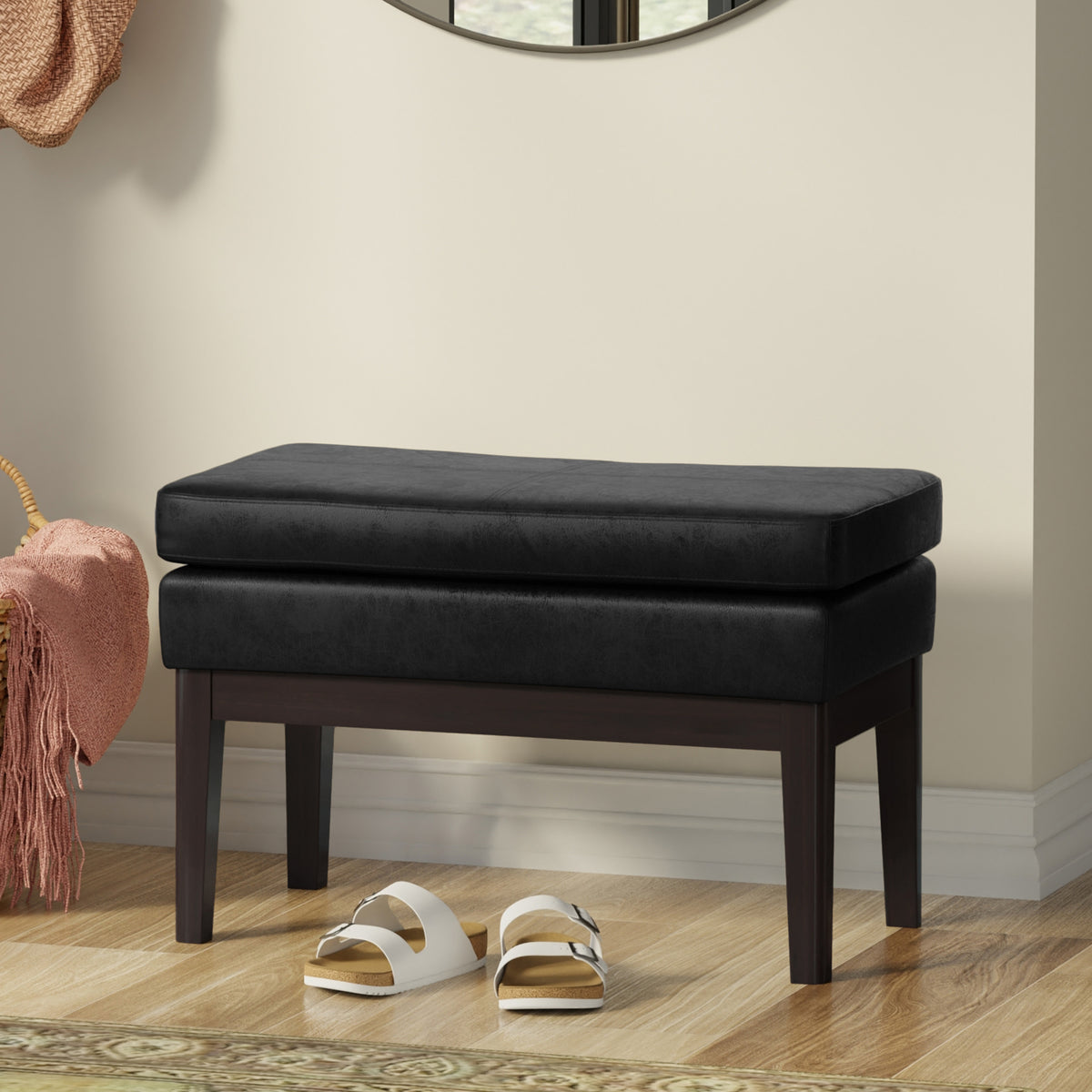 Distressed Black Distressed Vegan Leather | Carlson Small Ottoman Bench Distressed Vegan Leather