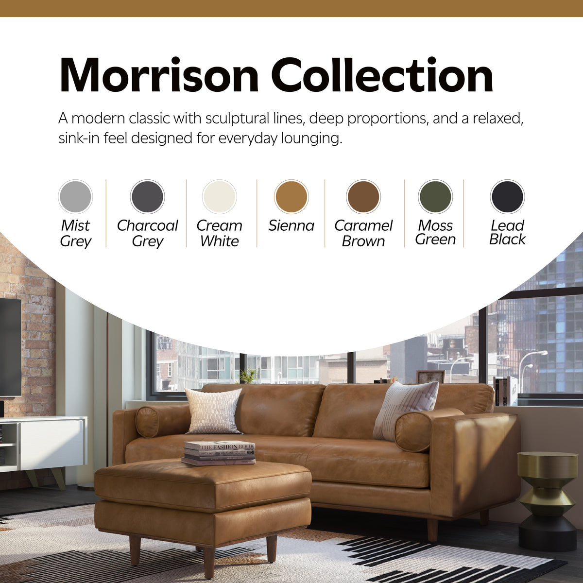 Caramel Brown Genuine Top Grain Leather | Morrison Ottoman in Genuine Top Grain Leather