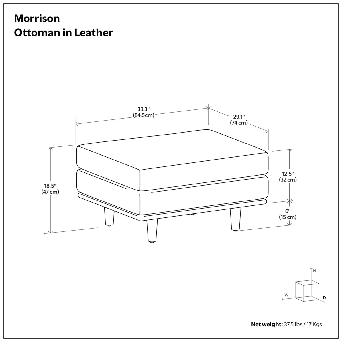 Caramel Brown Genuine Top Grain Leather | Morrison Ottoman in Genuine Top Grain Leather
