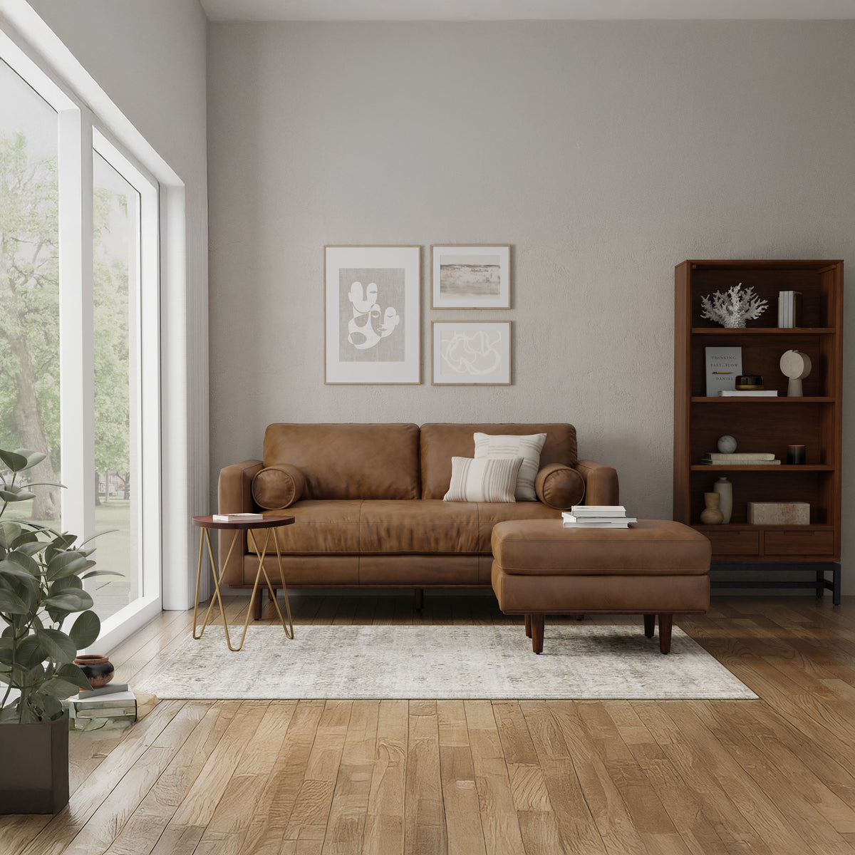 Caramel Brown Genuine Top Grain Leather | Morrison Ottoman in Genuine Top Grain Leather