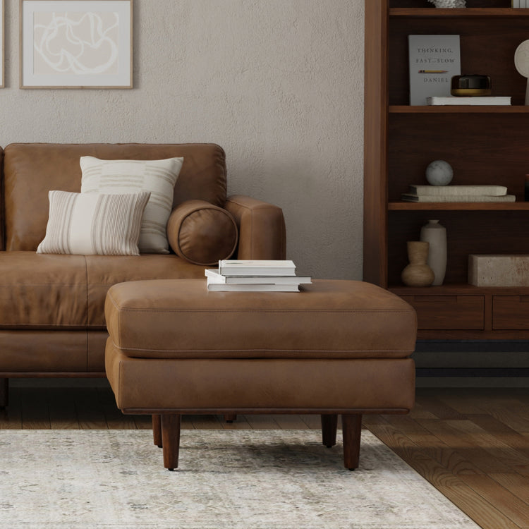 Caramel Brown Genuine Top Grain Leather | Morrison Ottoman in Genuine Top Grain Leather