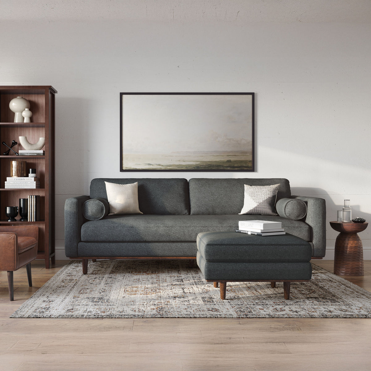 Charcoal Grey Woven-Blend Fabric | Morrison Ottoman