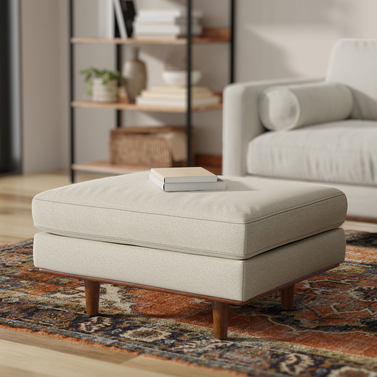 Cream White Woven-Blend Fabric | Morrison Ottoman