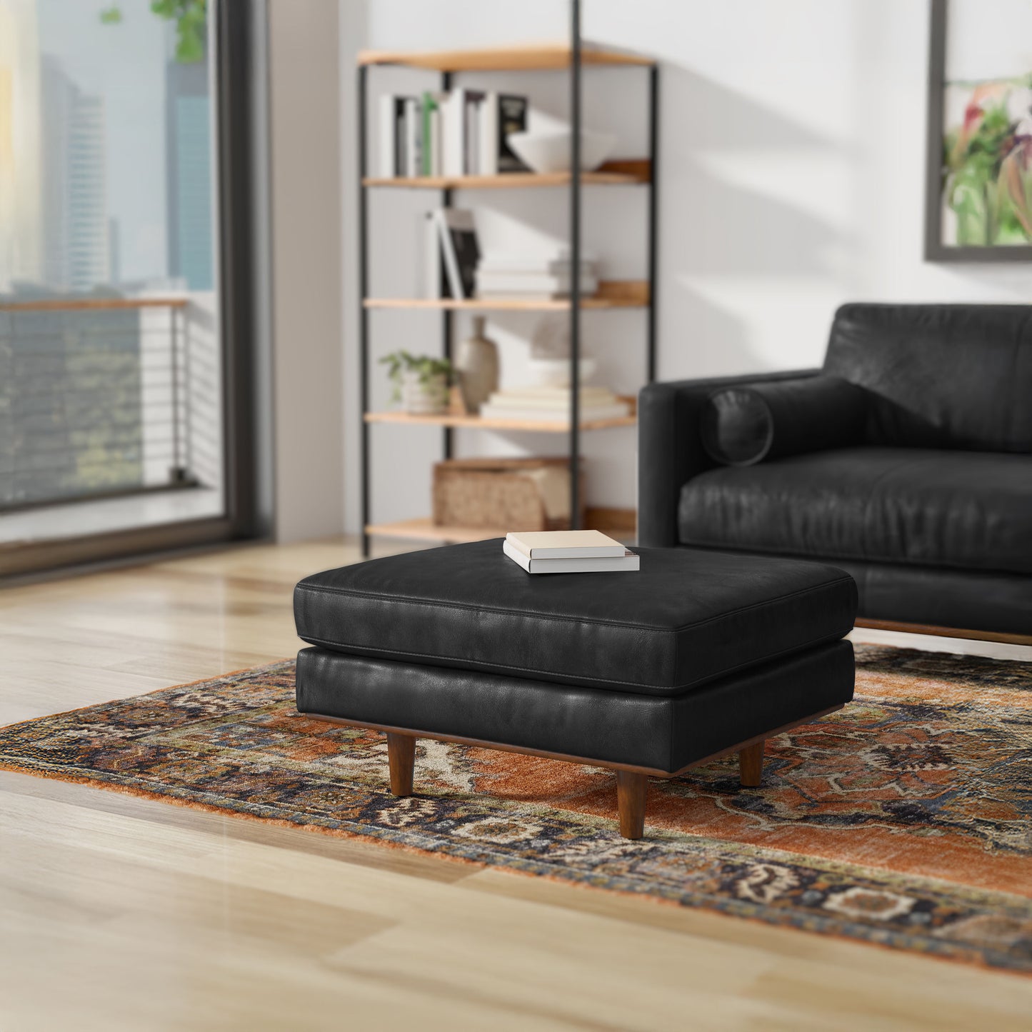 Lead Black Genuine Top Grain Leather | Morrison Ottoman in Genuine Top Grain Leather