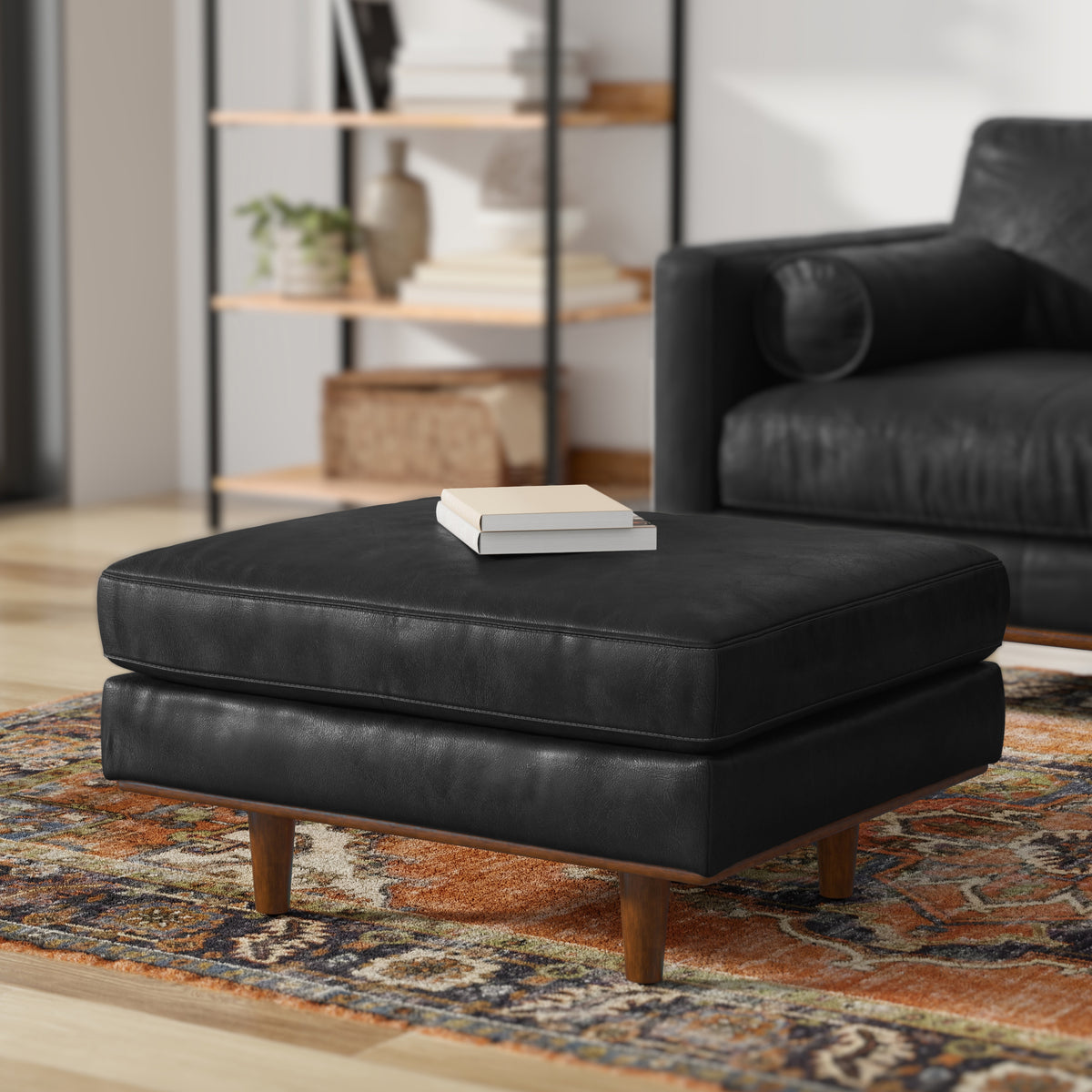 Lead Black Genuine Top Grain Leather | Morrison Ottoman in Genuine Top Grain Leather