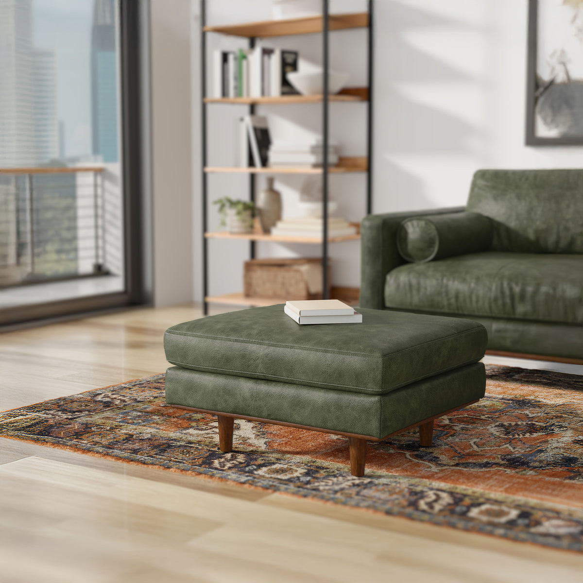 Moss Green Genuine Top Grain Leather | Morrison Ottoman in Genuine Top Grain Leather