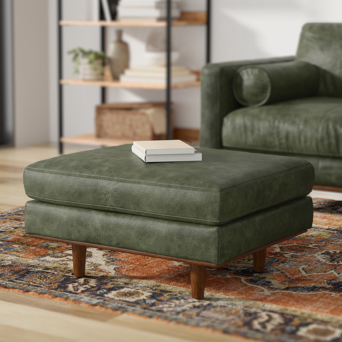 Moss Green Genuine Top Grain Leather | Morrison Ottoman in Genuine Top Grain Leather