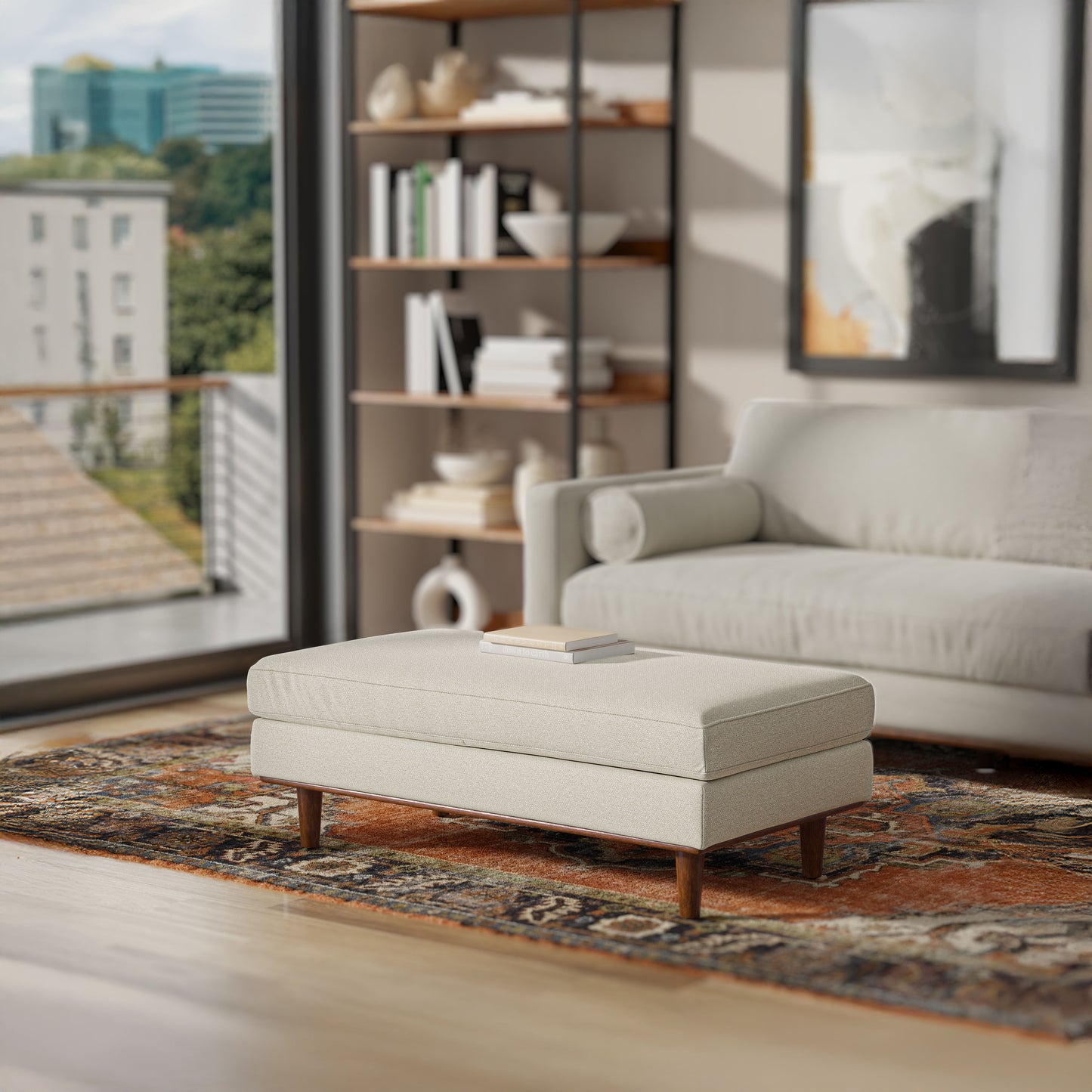 Cream White Woven-Blend Fabric | Morrison Large Rectangular Ottoman