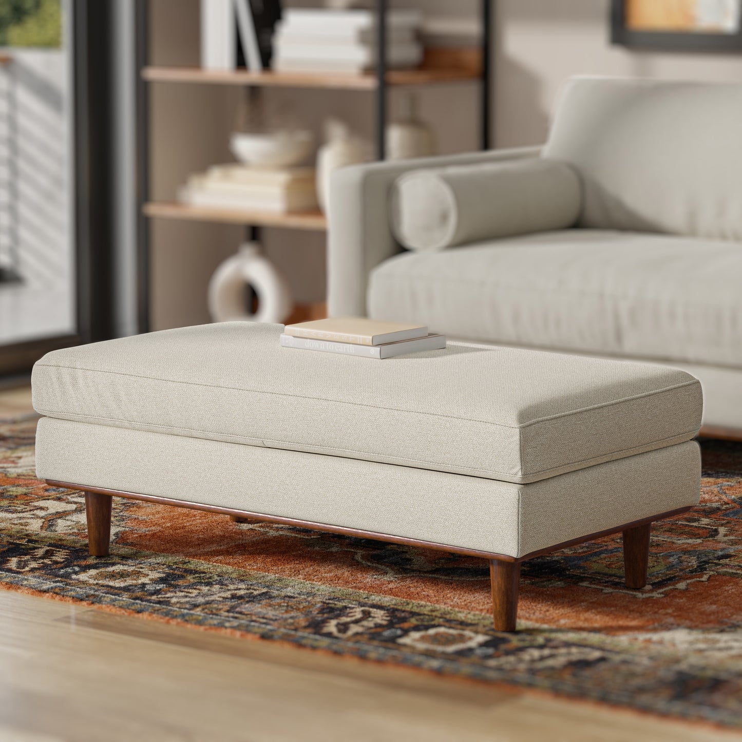 Cream White Woven-Blend Fabric | Morrison Large Rectangular Ottoman