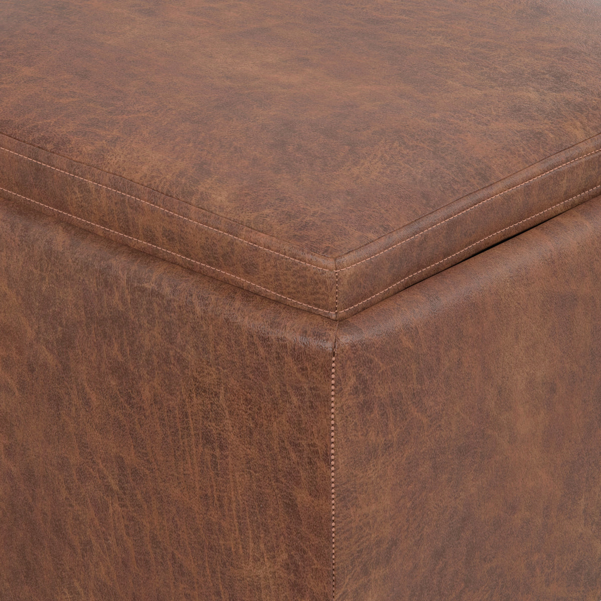 Distressed Saddle Brown Distressed Vegan Leather | Natasha Storage Ottoman with Tray in Distressed Vegan Leather
