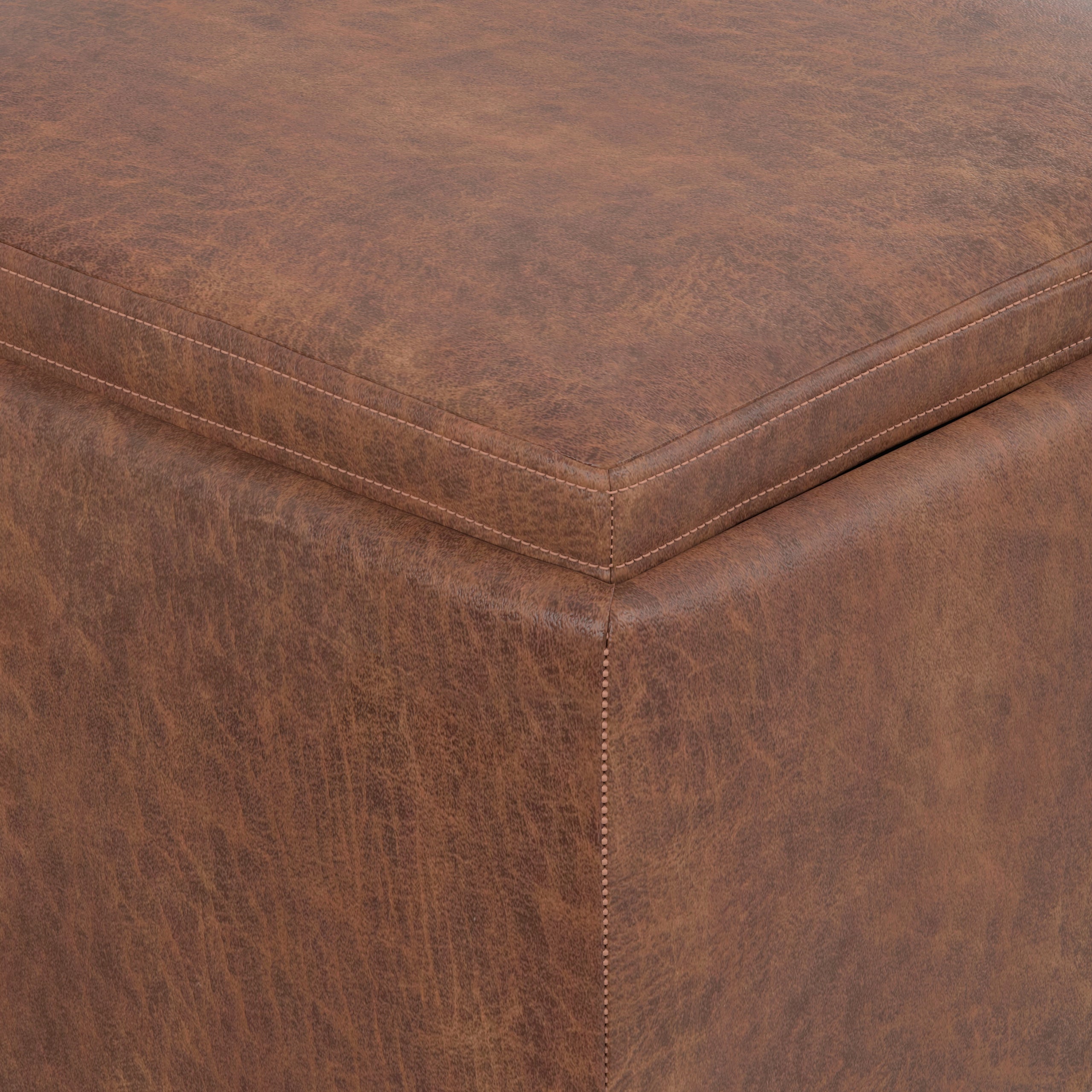 Distressed Saddle Brown Distressed Vegan Leather | Natasha Storage Ottoman with Tray in Distressed Vegan Leather