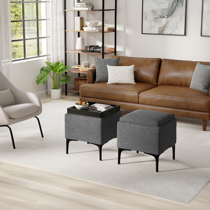 Slate Grey Linen Style Fabric| Natasha Storage Ottoman with Tray in Linen