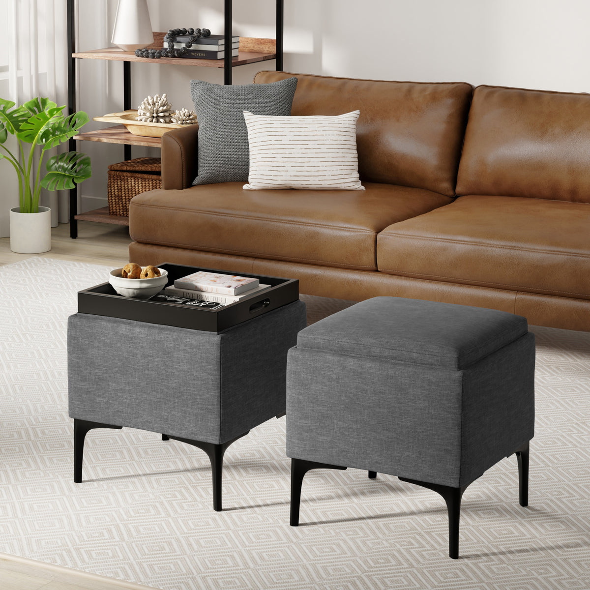 Slate Grey Linen Style Fabric| Natasha Storage Ottoman with Tray in Linen