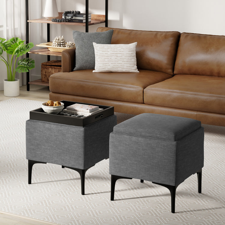 Slate Grey Linen Style Fabric| Natasha Storage Ottoman with Tray in Linen