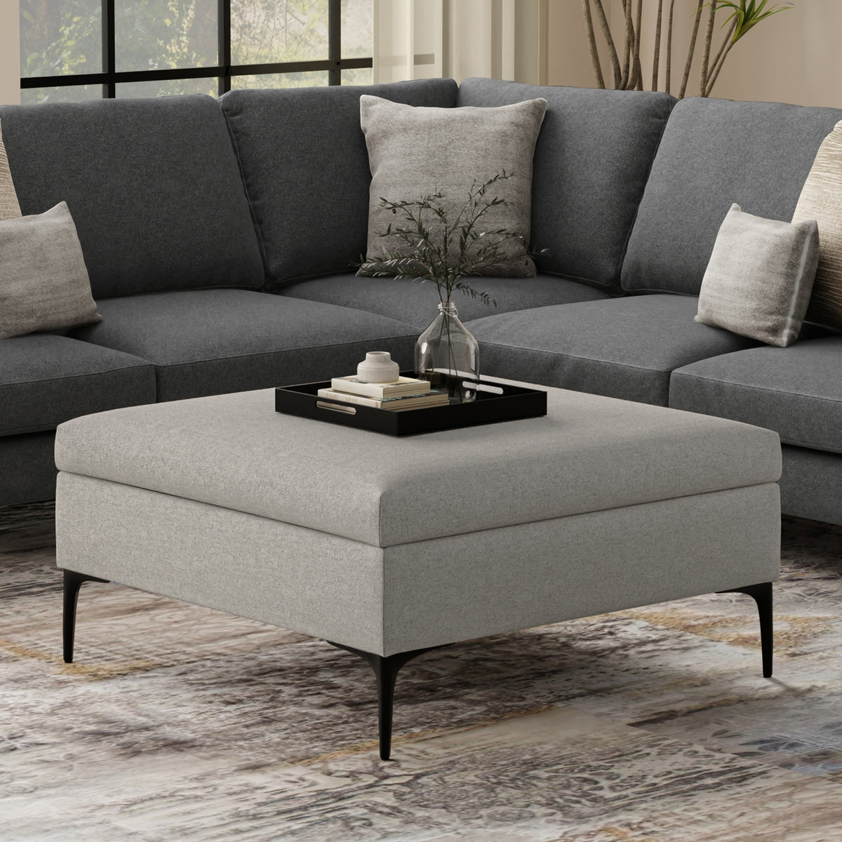 Cloud Grey Linen Style Fabric | Rebecca Coffee Table Storage Ottoman with Lift Up Lid in Linen