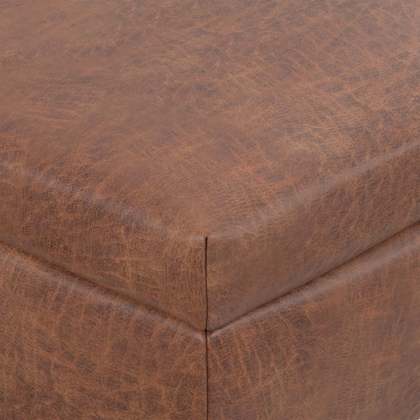 Distressed Saddle Brown Distressed Vegan Leather | Rebecca Large Coffee Table Storage Ottoman with Lift up Lid in Distressed Vegan Leather