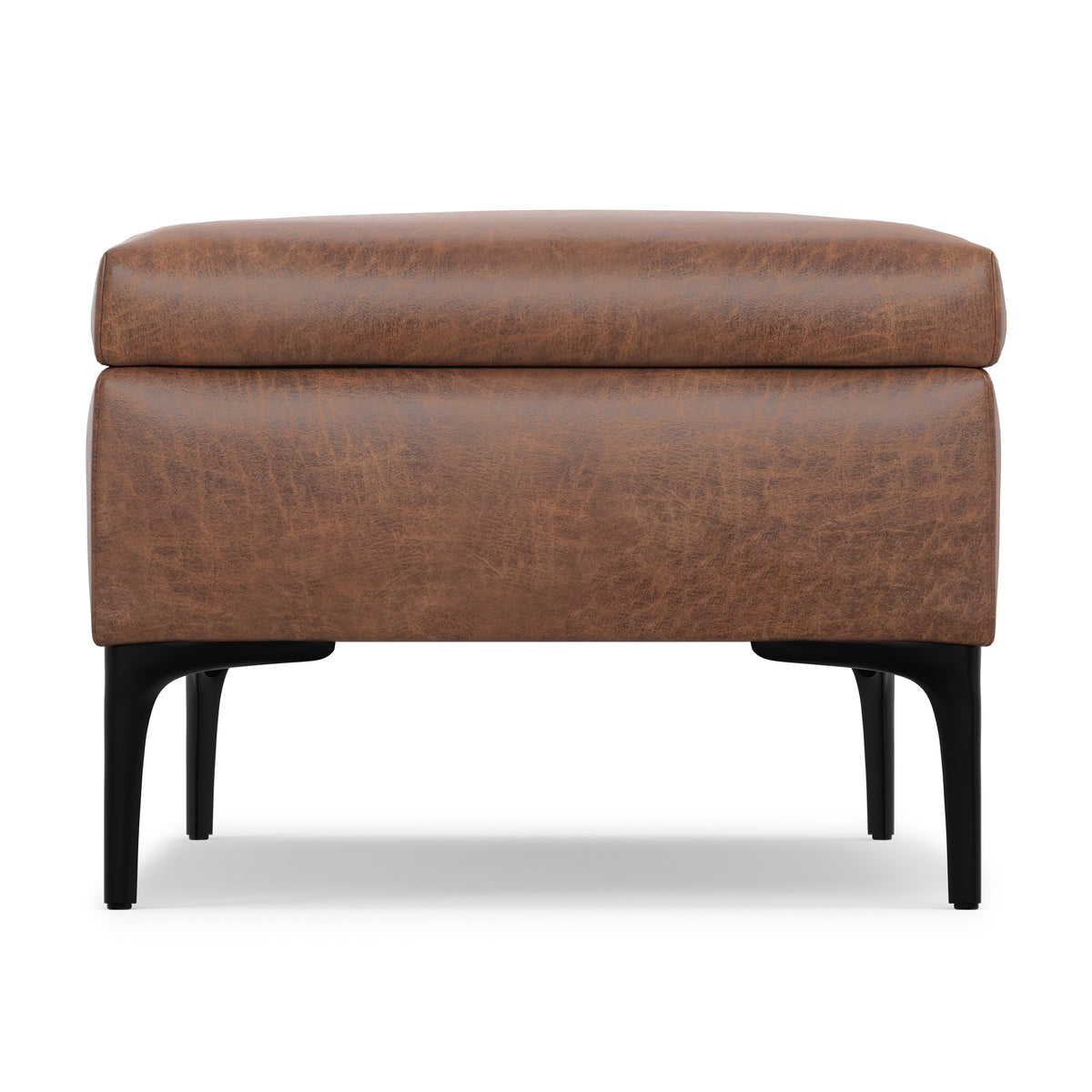 Distressed Saddle Brown Distressed Vegan Leather | Rebecca Large Coffee Table Storage Ottoman with Lift up Lid in Distressed Vegan Leather