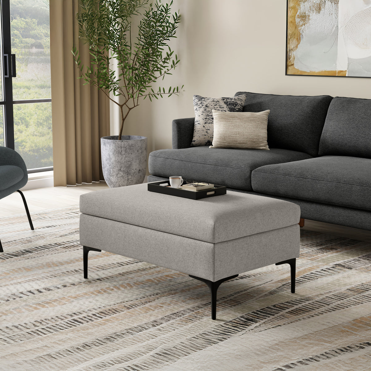 Cloud Grey Linen Style Fabric | Rebecca Rectangular Coffee Table Storage Ottoman with Lift Up Lid in Linen Style Fabric