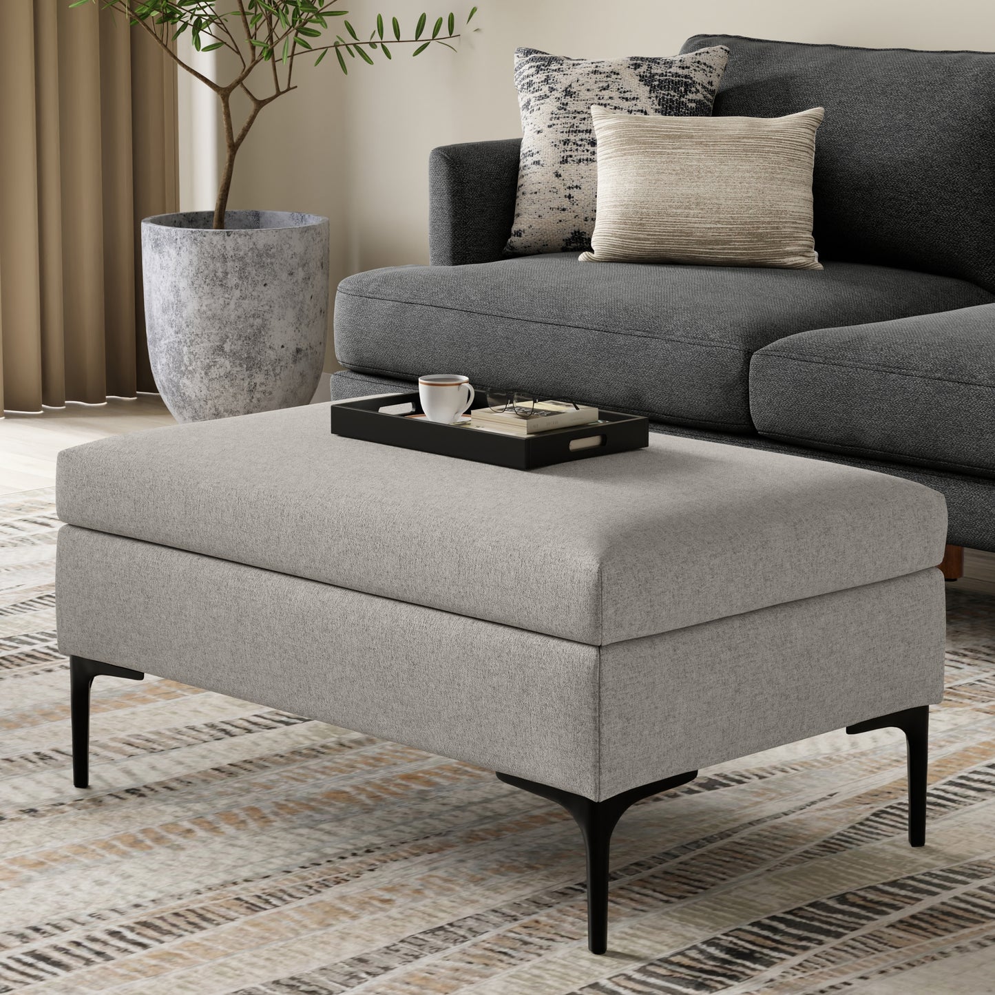 Cloud Grey Linen Style Fabric | Rebecca Rectangular Coffee Table Storage Ottoman with Lift Up Lid in Linen Style Fabric