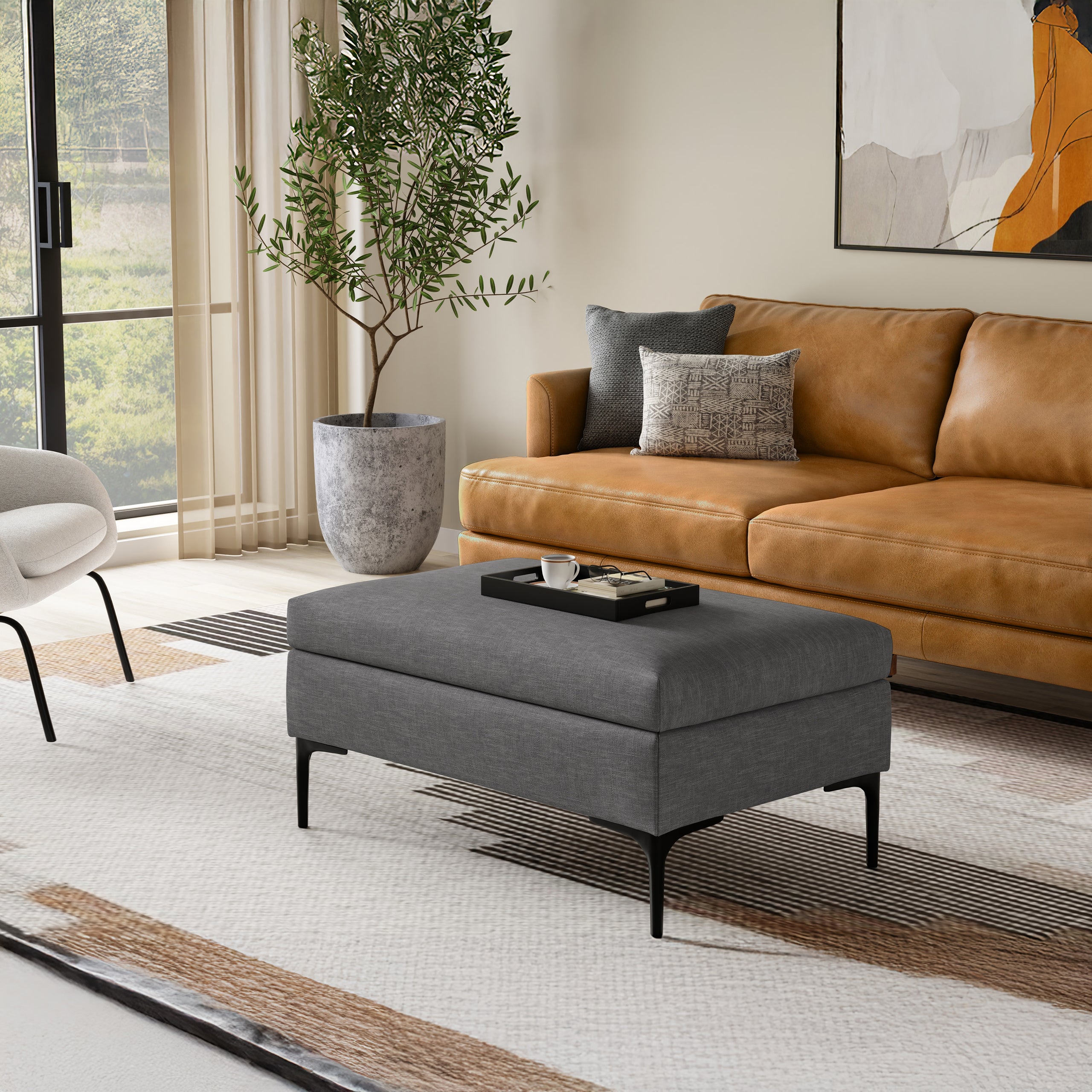 Slate Grey Linen Style Fabric | Rebecca Rectangular Coffee Table Storage Ottoman with Lift Up Lid in Linen Style Fabric