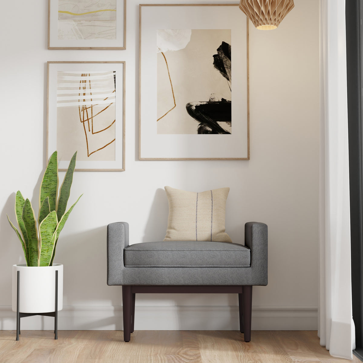 Pewter Grey Linen Style Polyester | Scott Small Ottoman Bench