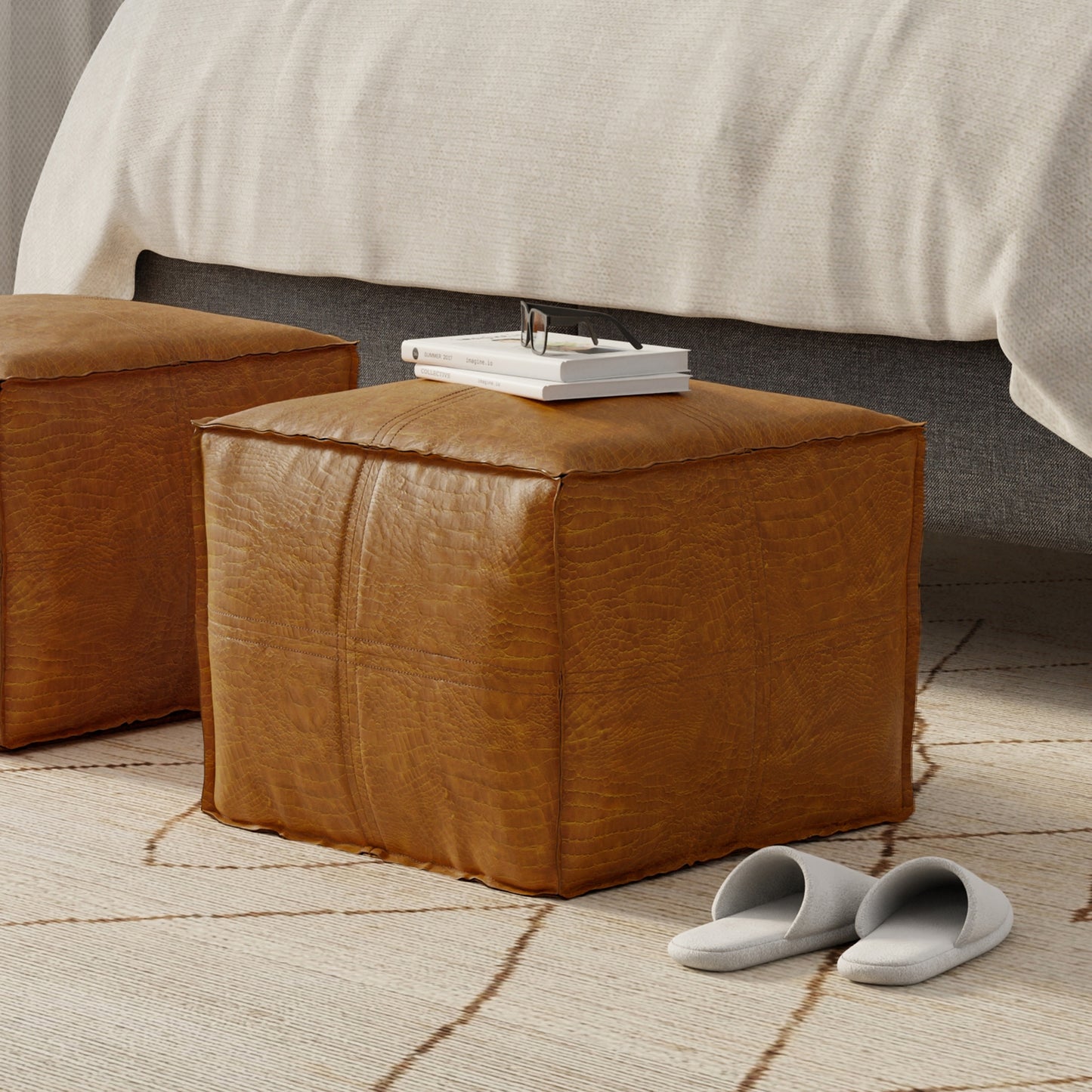 Tan Genuine Leather | Brody Square Pouf in Genuine Leather