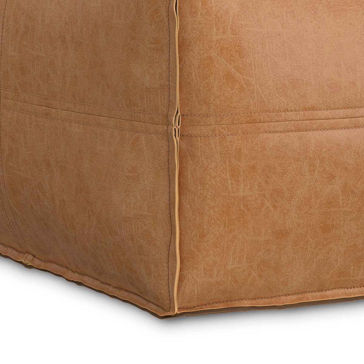 Distressed Camel Brown Distressed Vegan Leather | Brody 24 inch Square Top Stich Pouf in Distressed Vegan Leather