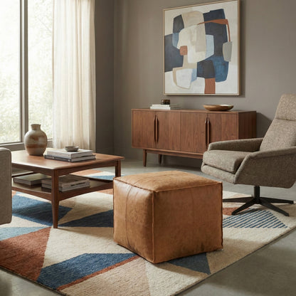 Distressed Camel Brown Distressed Vegan Leather | Brody Square Pouf