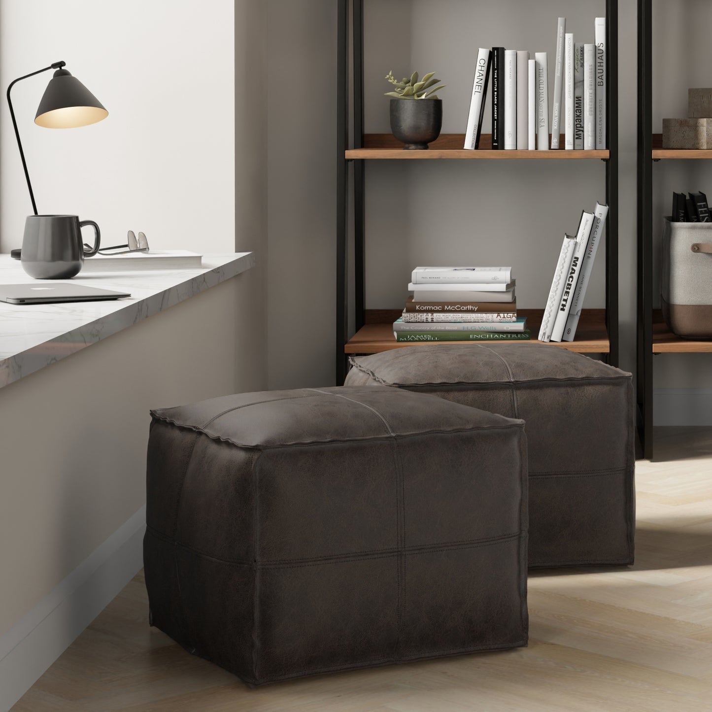 Distressed Dark Brown | Brody 18 inch Square Pouf