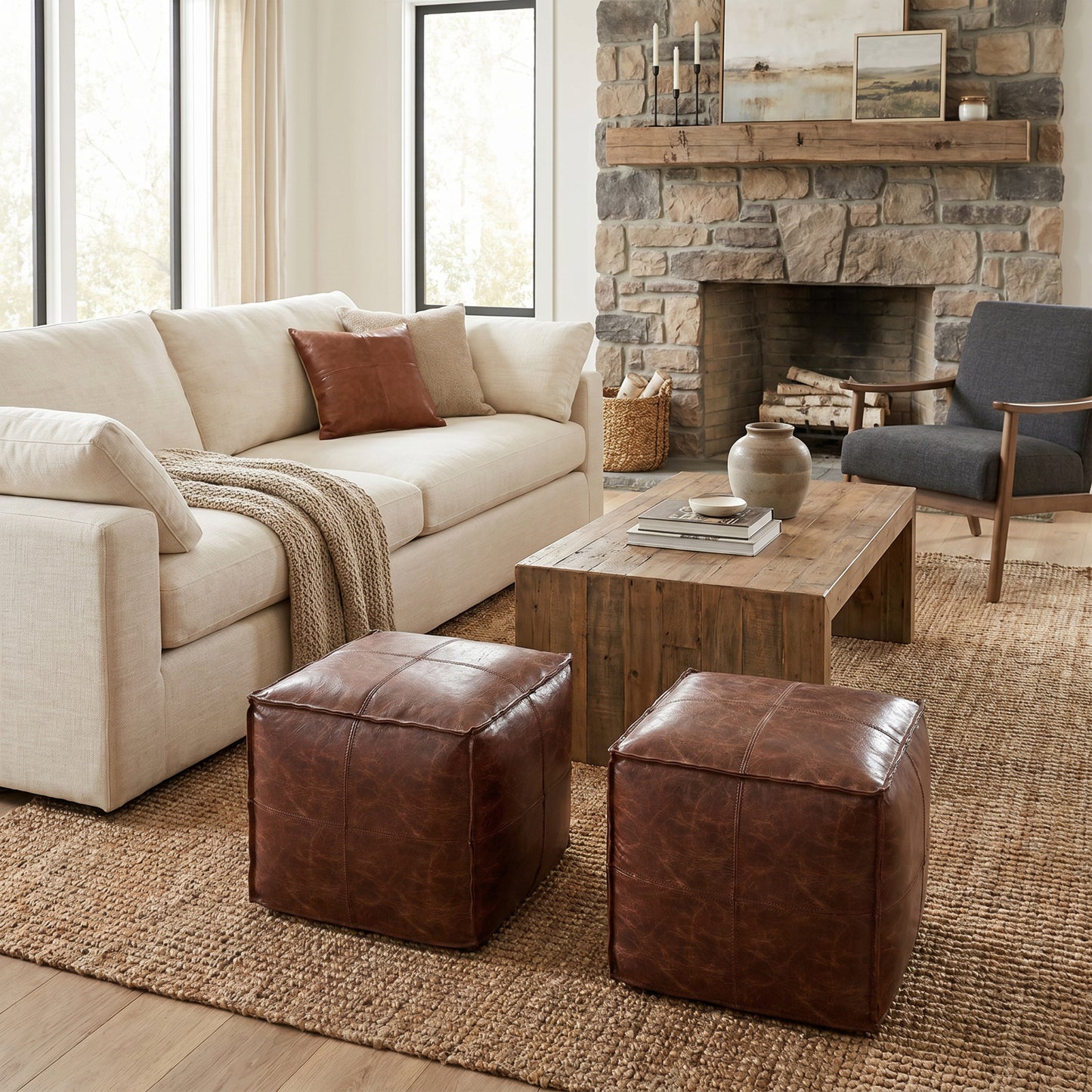 Distressed Brown | Brody 18 inch Square Pouf
