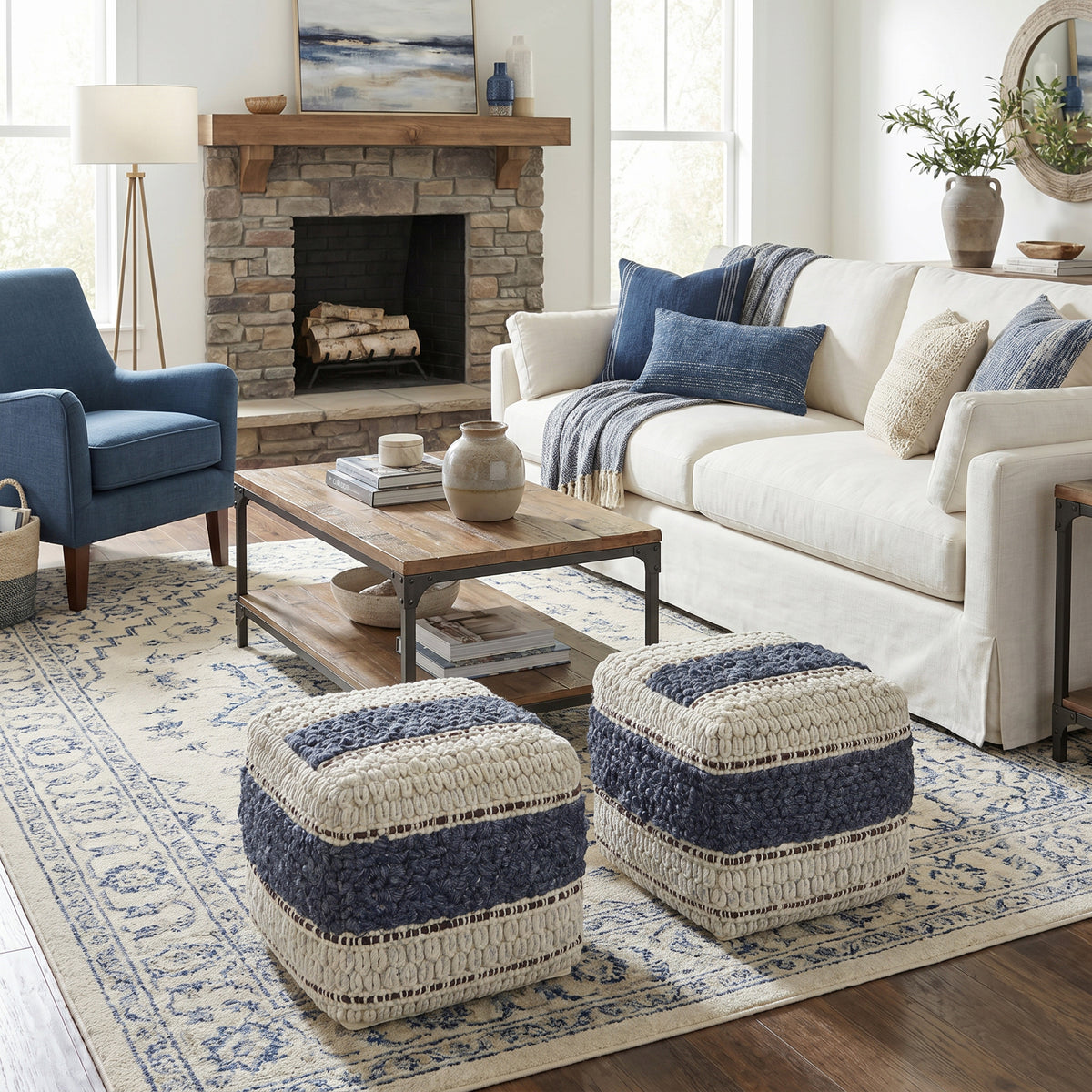 Blue/Natural | Grady Square Pouf
