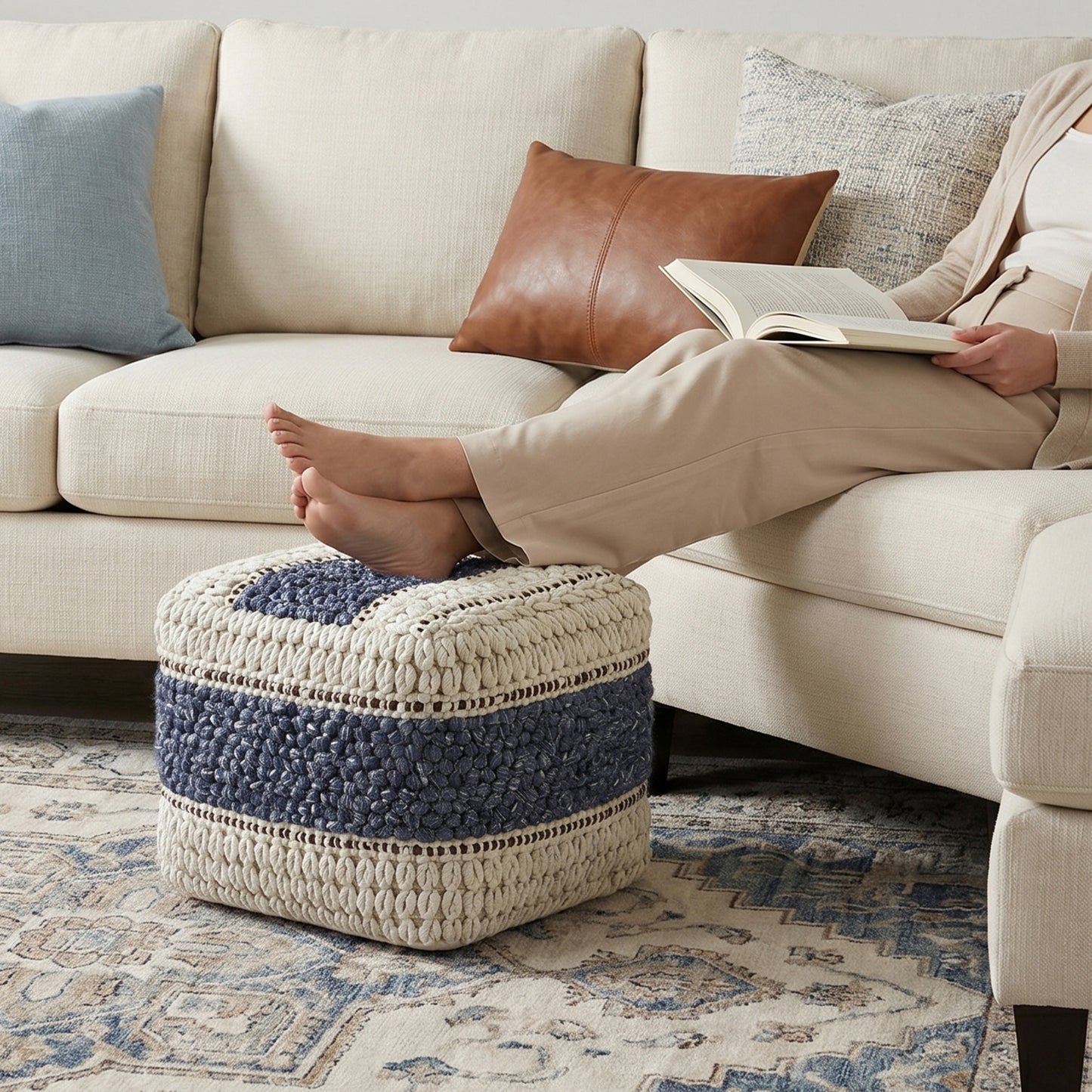 Blue/Natural | Grady Square Pouf