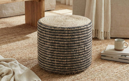 Natural and Black | Larissa Round Braided Pouf