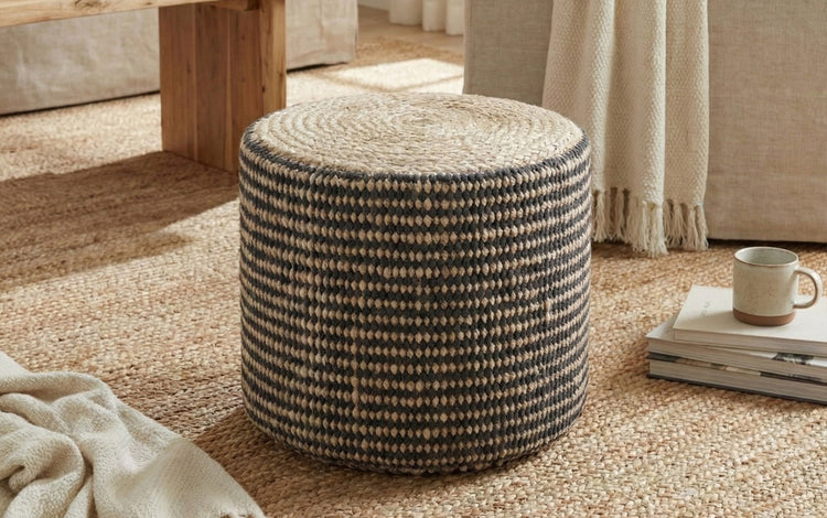 Natural and Black | Larissa Round Braided Pouf