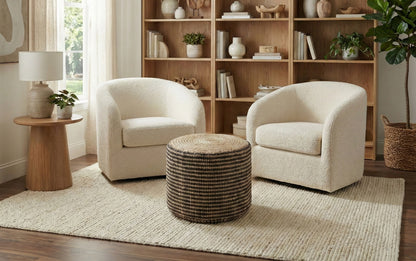 Natural and Black | Larissa Round Braided Pouf
