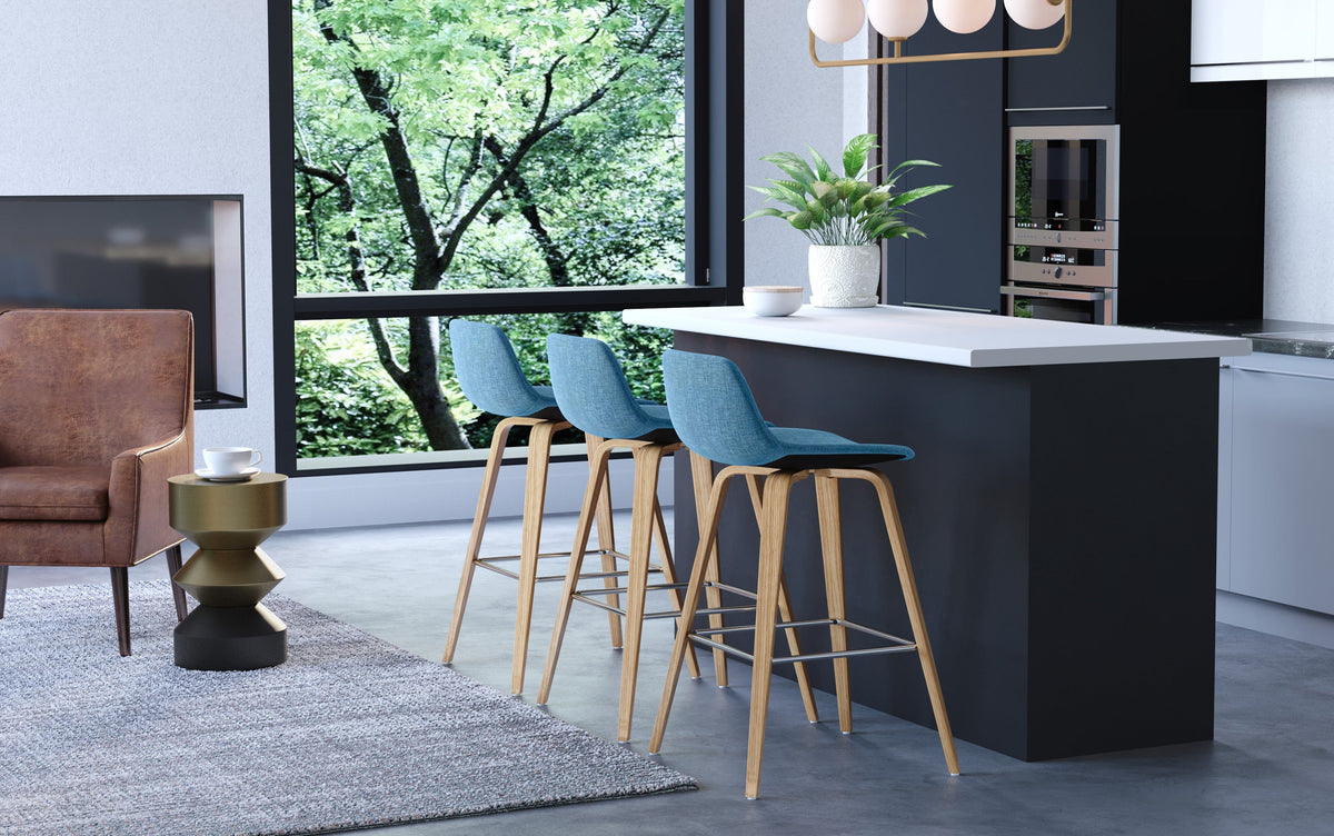 Blue Linen Style Fabric Oak | Randolph Bentwood 26 inch Bar Stool (Set of 2)