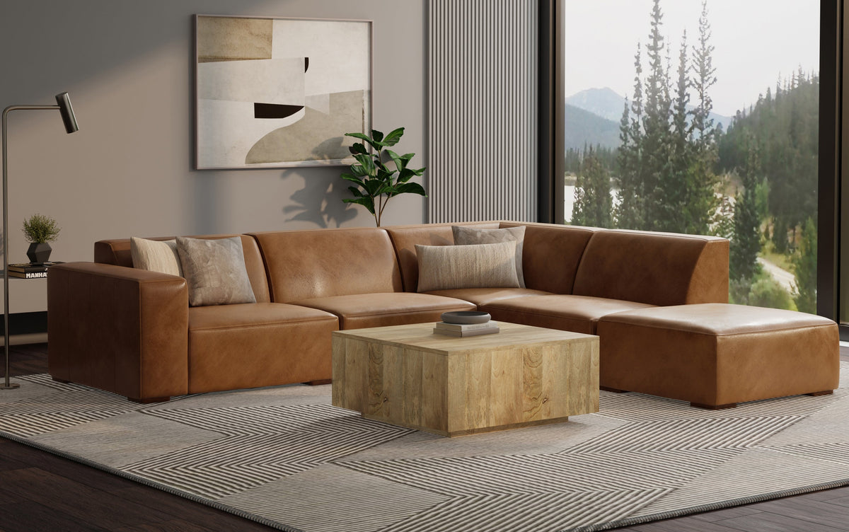 Caramel Brown Genuine Leather | Rex Right Sectional Sofa and Ottoman in Genuine Leather